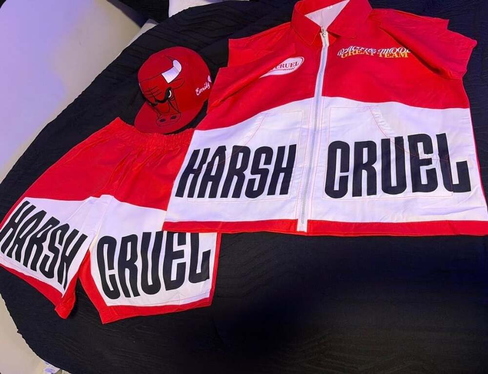Harsh Cruel Red And White Slogan Short Sleeve Button Up Shirt And Shorts 2-Piece